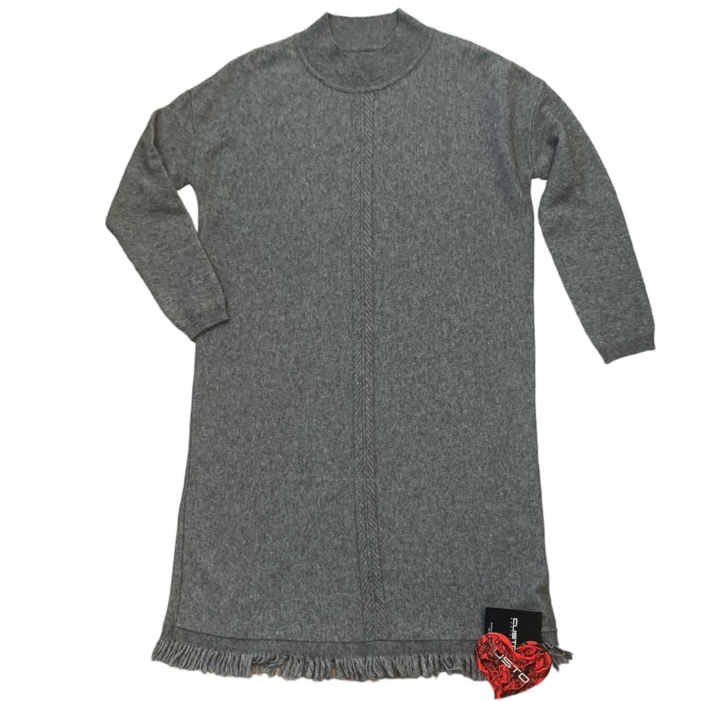 ✨NWT Custo Barcelona Sweater Knit Dress Tunic w Fringe Heather Grey Cable XS S M